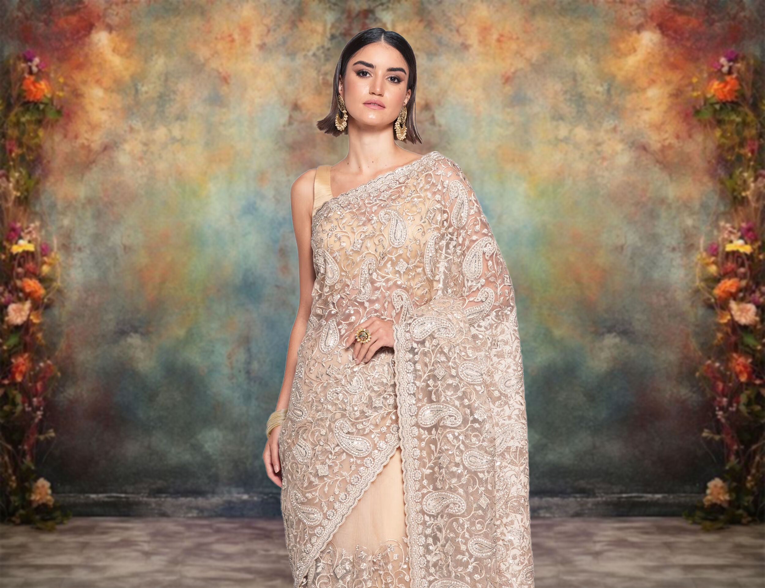 A beautiful woman in an organza saree
