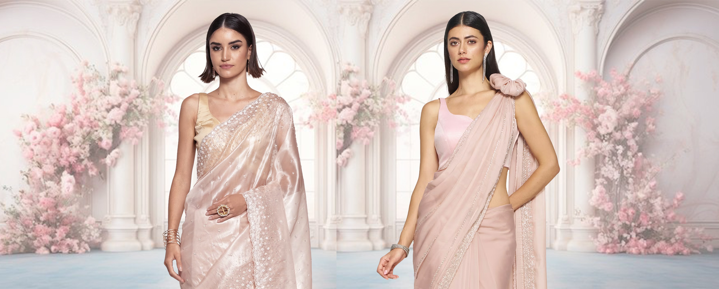  Woman wearing beautiful pink luxury net saree for wedding celebrations