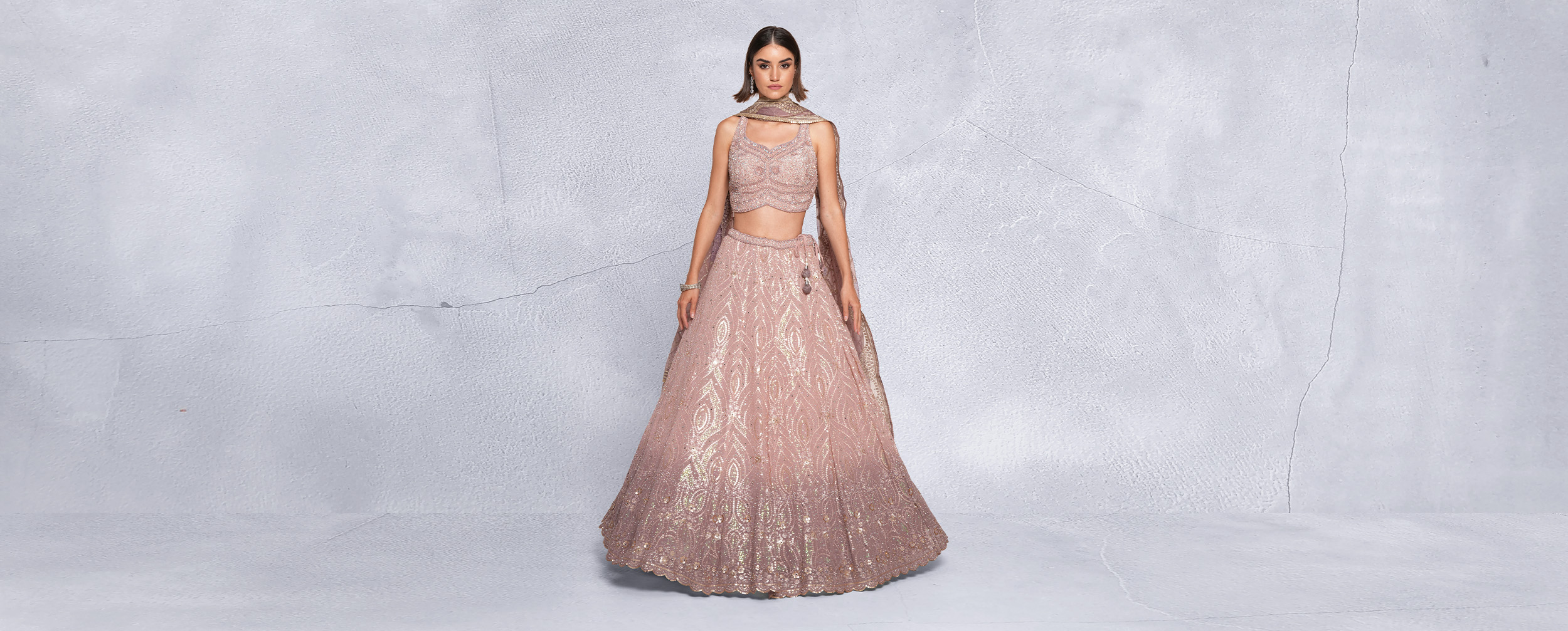 A beautiful woman in a glitter net lehenga