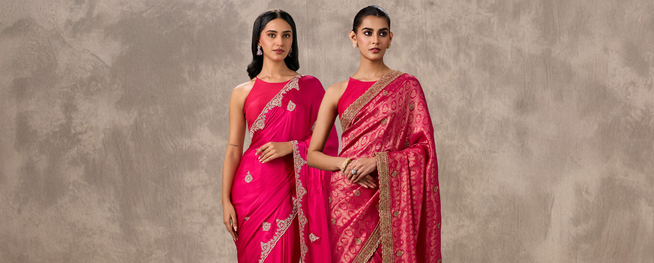 Two women modeling different styles of bright pink silk sarees with matching blouses for ideal saree styling tips.