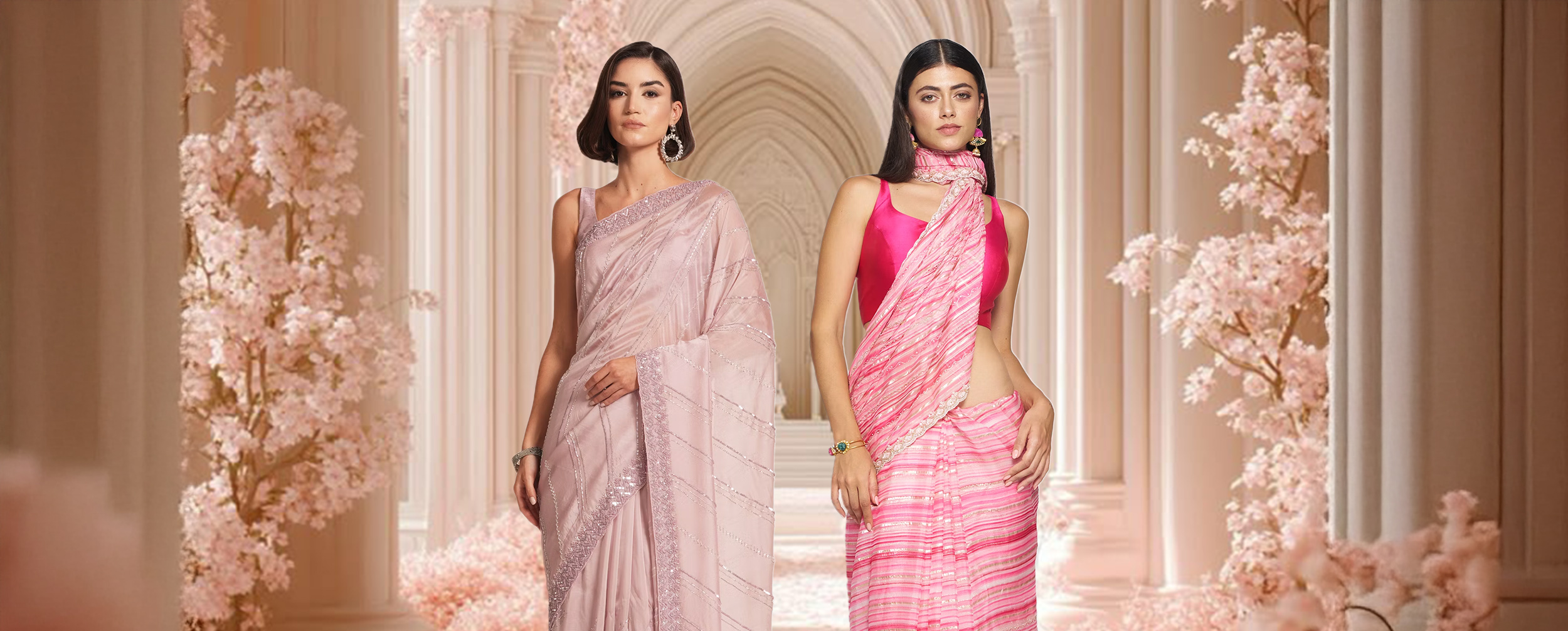 A woman in a beautiful pink organza saree