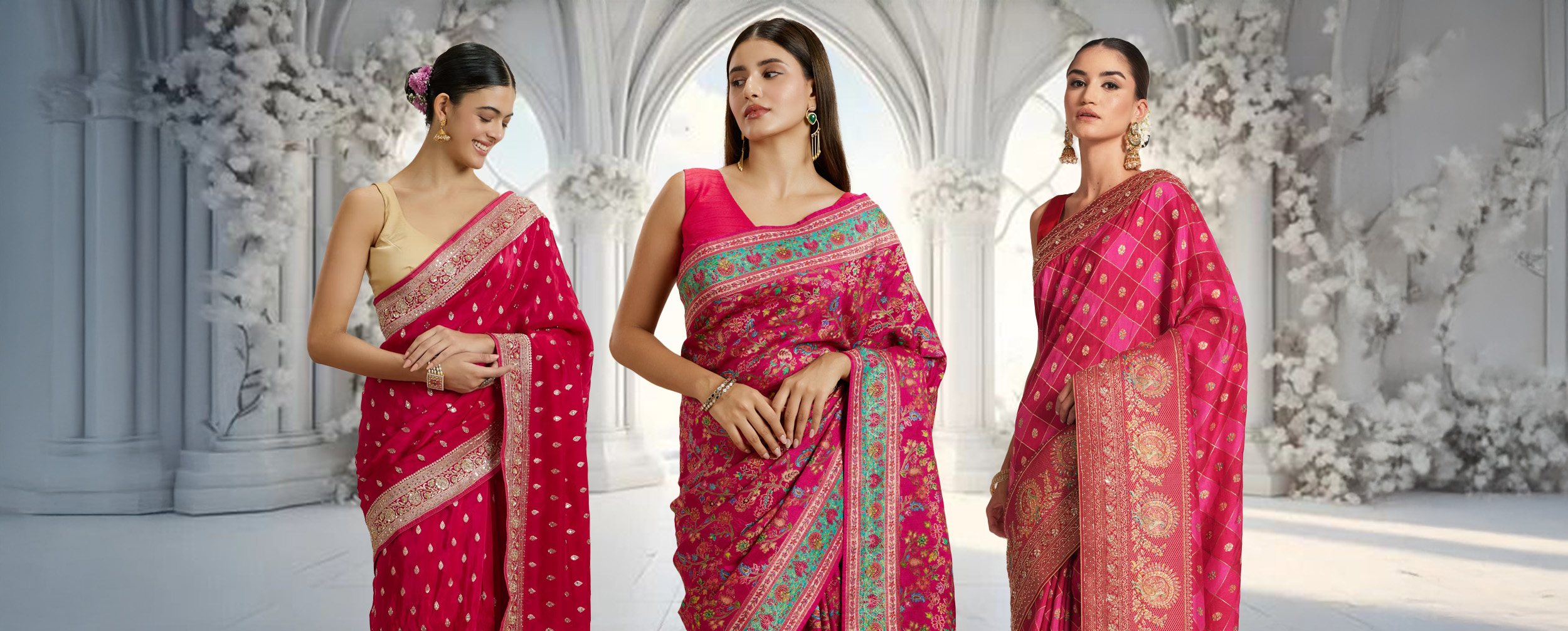 Womans Wearing red Organza Silk Sarees for wedding