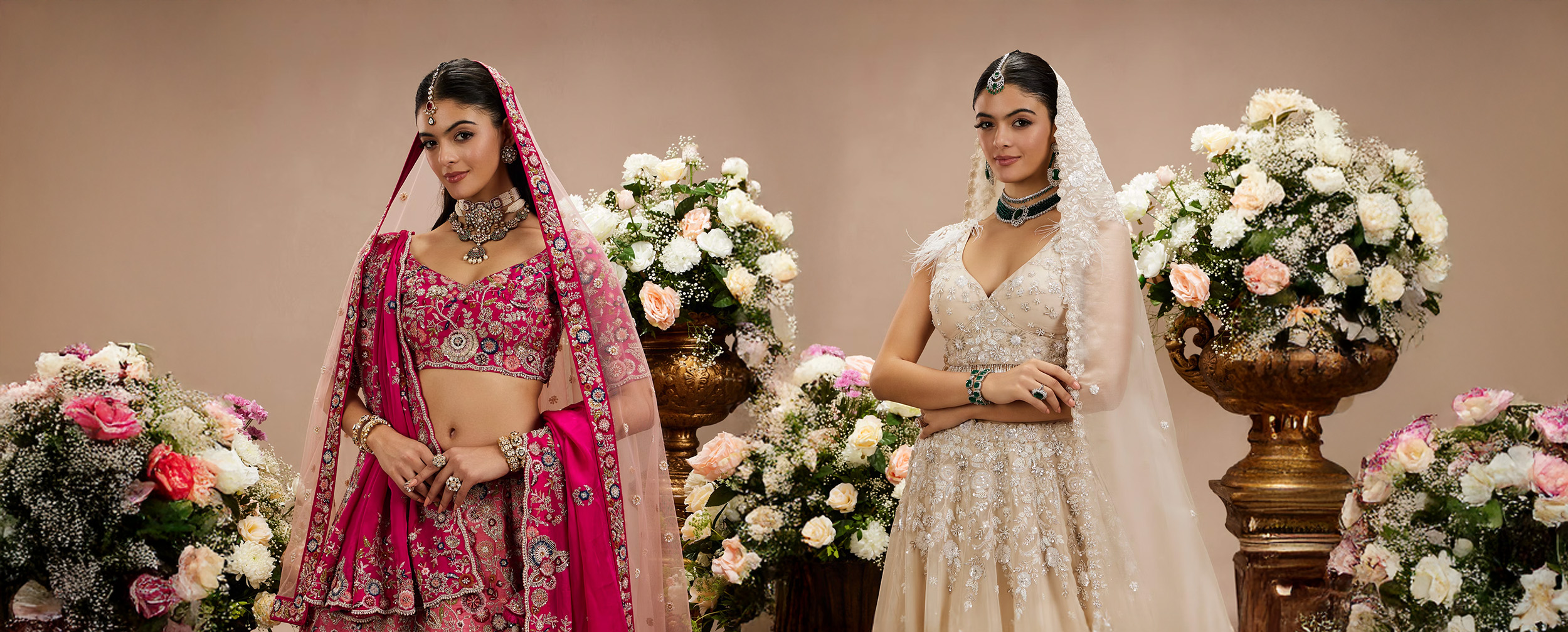Bride wearing a voluminous red and white embroidered net lehenga with layered cancan