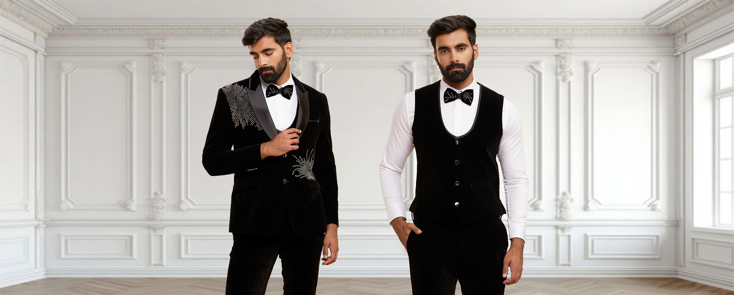 Classic black charisma suit set for a stylish and sophisticated reception tuxedo look.